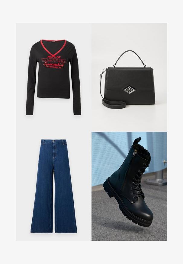 Maglietta nera a maniche lunghe con scollatura a V, bordo del collo rosso e testo stampato in rosso audace che dice "REPLAY CUSTOM Specialist Allentown, PA."; Replay PANTS - Jeans a sigaretta - dark blue; Stivaletti in pelle nera con design lace-up, zip laterale, finitura testurizzata e suola robusta con battistrada prominente.; Borsa sintetica nera con un design strutturato, manico superiore, tracolla rimovibile e logo a forma di diamante argento sul davanti.