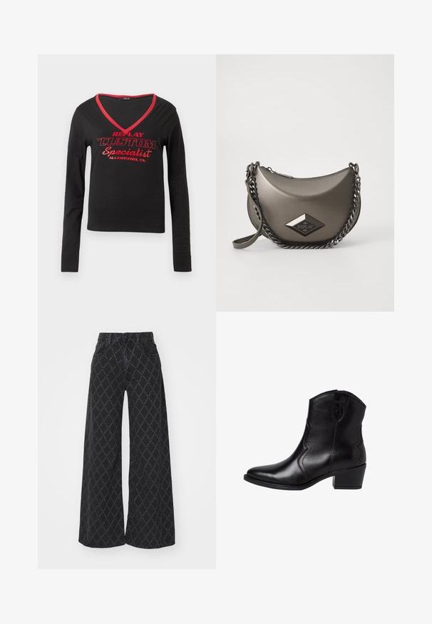 Melnas garām piedurknēm krekls ar V veida kakla izgriezumu, sarkanu kakla apdari un spilgti sarkanu drukātu tekstu "REPLAY CUSTOM Specialist Allentown, PA."; Plaši melni džinsu bikses ar dimanta rakstu. Iespējo augstu jostasvietu, standarta kabatas un pogu aizdari. Tekstūrēja audums.; Melni ādas potītes zābaki ar norādītu purngali, izliektiem sānu šuvēm un zemu bloku papēdi. Iekļaujot rāvējslēdzēja aizdari un gludu tekstūru.; Metāliska pelēka pleca soma ar pusmēness formu, ar ķēdes siksnu un dimanta logotipa uzšuvumu. Gluda virsma un rāvējslēdzēja aizdare.