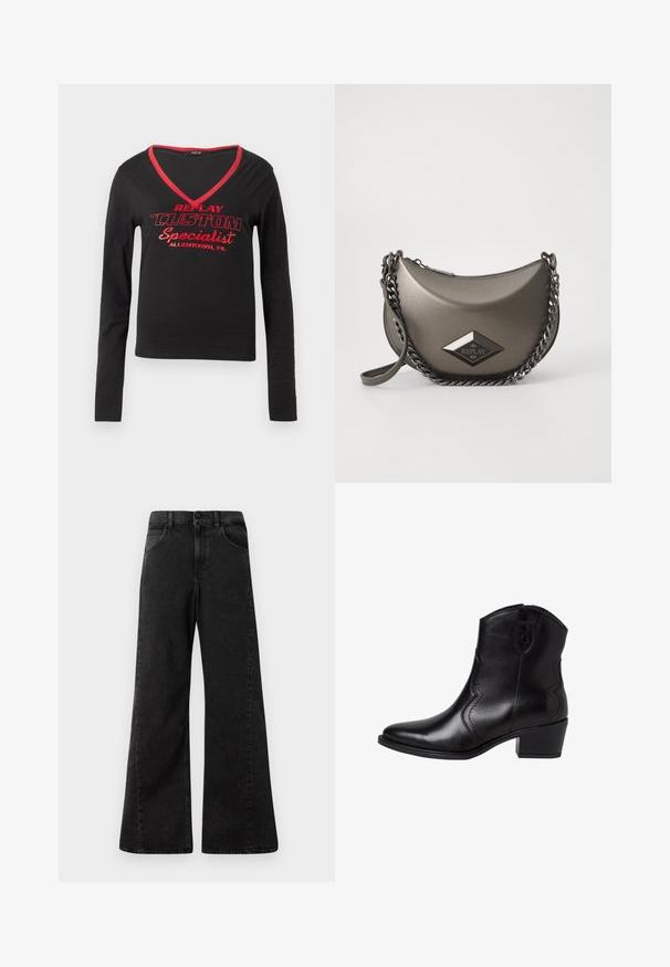 Fekete, hosszú ujjú póló V-kivágással, piros nyaki díszítéssel és feltűnő piros nyomtatott szöveggel, amely a következőket tartalmazza: "REPLAY CUSTOM Specialist Allentown, PA."; Magas derekú fekete farmernadrág, széles szárú dizájnnal, elülső zsebekkel és gombos derékkal.; Fekete bőr bokacsizma hegyes orral, ívelt oldals seam- ekkel és alacsony, blokksarkúval. Övvel záródik és sima textúrájú.; Fémes szürke, félhold alakú keresztbody táska lánc pánttal és gyémánt logóval. Simára polírozott felület és cipzáras záródás.