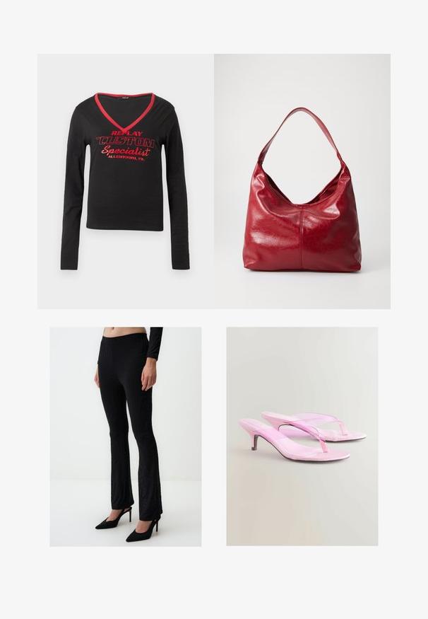 Czarna koszula z długim rękawem z dekoltem w kształcie V, z czerwonym wykończeniem dekoltu i wyboldowanym, czerwonym napisem "REPLAY CUSTOM Specialist Allentown, PA."; Czarne spodnie dzwonowe z falistym, teksturowanym wzorem. Wykonane z elastycznego materiału, z wysokim stanem i zestawione z czarnymi szpilkami.; Różowe sandały na obcasie o błyszczącym wykończeniu, z paskiem w stylu thong i smukłym metalowym obcasem. Gładka faktura i minimalistyczny styl.; Czerwona skórzana torba hobo o miękkiej, teksturowanej powierzchni, z jedną rączką na ramię i zaokrąglonym, luźnym kształtem.