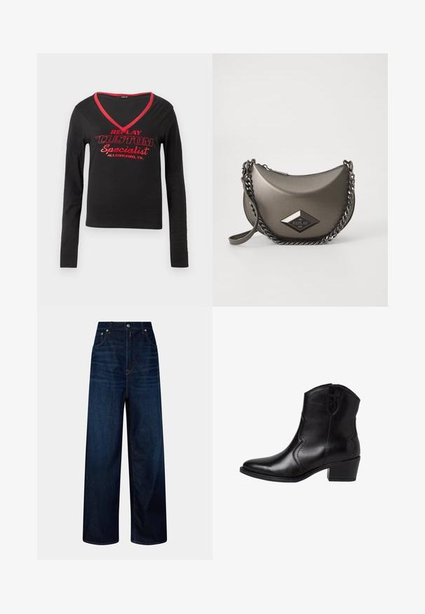 Black long-sleeve shirt featuring a V-neck, red neckline trim, and bold red printed text stating "REPLAY CUSTOM Specialist Allentown, PA."; High-waisted dark blue wide-leg jeans with front pockets, button, and zipper closure, displayed against a plain background.; Black leather ankle boots with a pointed toe, curved side seams, and a low, block heel. Features a zip closure and a smooth texture.; Metallic gray crossbody bag with a half-moon shape, featuring a chain strap and a diamond logo patch. Smooth finish and zipper closure.