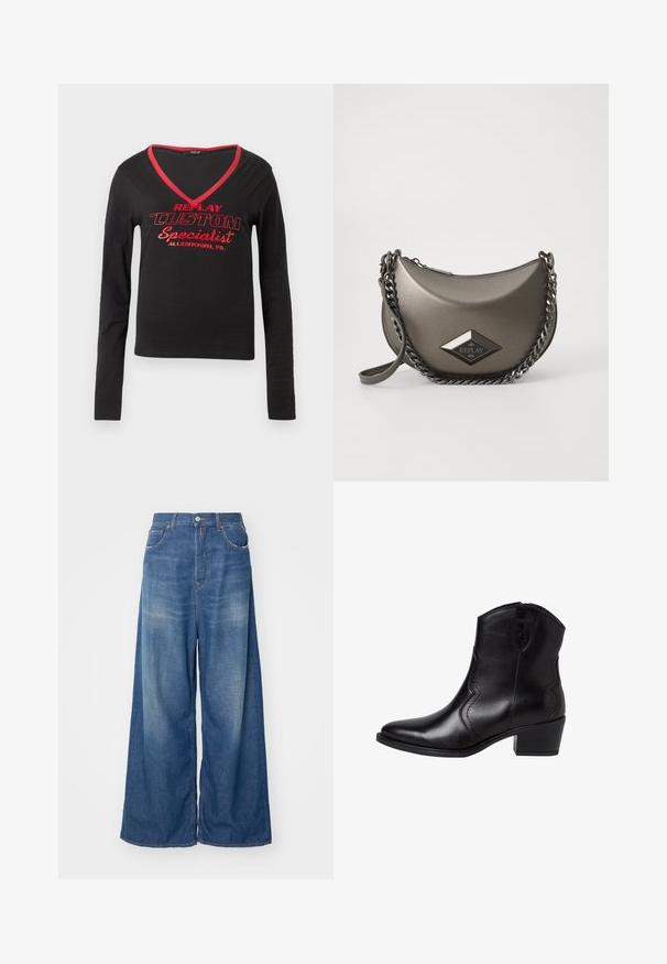 Μαύρο μακρυμάνικο πουκάμισο με V-λαιμόκοψη, κόκκινη περίσφυρη σε λαιμό και bold κόκκινο κείμενο που δηλώνει "REPLAY CUSTOM Specialist Allentown, PA."; Πλατύ-ποδιές μπλε τζιν παντελόνια με ψηλή μέση, διαθέτουν μπροστινές τσέπες, κουμπί κλεισίματος και λεπτομέρειες ξεθωριασμένου στυλ για μια φθαρμένη εμφάνιση.; Μαύρες δερμάτινες μπότες μέχρι τον αστράγαλο με μυτερή μύτη, καμπύλες ραφές στα πλάγια και χαμηλό, τετράγωνο τακούνι. Διαθέτουν κλείσιμο με φερμουάρ και λεία υφή.; Μεταλλική γκρι τσάντα χιαστί σε σχήμα μισού φεγγαριού, με αλυσίδα για λουρί και λογότυπο διαμαντιού. Λείος φινίρισμα και κλείσιμο με φερμουάρ.