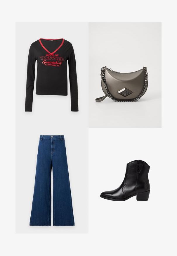 Crna majica dugih rukava s V-izrezom, crvenim obrubom na izrezu i odvažnim crvenim ispisanim tekstom "REPLAY CUSTOM Specialist Allentown, PA."; Replay PANTS - Traperice ravnih nogavica - dark blue; Crne kožne gležnjače s šiljatim prstima, zakrivljenim bočnim šavovima i niskim blok petama. Imaju zatvaranje na zip i glatku teksturu.; Metalna siva torba preko tijela u obliku polumjeseca, sa lancem za nošenje i dijamantnim logom. Glatka površina i zatvaranje na zatvarač.