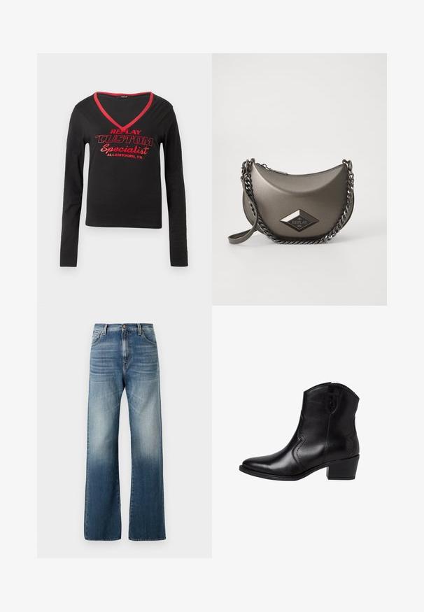 Black long-sleeve shirt featuring a V-neck, red neckline trim, and bold red printed text stating "REPLAY CUSTOM Specialist Allentown, PA."; Wide-leg blue denim jeans with a faded finish, featuring a button closure and traditional five-pocket design. Smooth texture throughout.; Black leather ankle boots with a pointed toe, curved side seams, and a low, block heel. Features a zip closure and a smooth texture.; Metallic gray crossbody bag with a half-moon shape, featuring a chain strap and a diamond logo patch. Smooth finish and zipper closure.