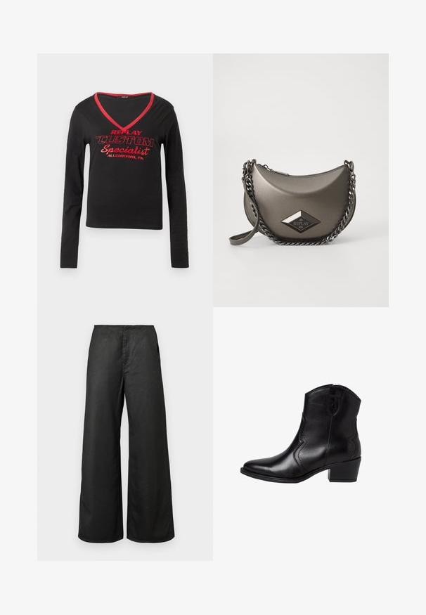 Black long-sleeve shirt featuring a V-neck, red neckline trim, and bold red printed text stating "REPLAY CUSTOM Specialist Allentown, PA."; Black wide-leg pants with front pockets and a high waist, made from a smooth fabric, displayed on a plain light background.; Black leather ankle boots with a pointed toe, curved side seams, and a low, block heel. Features a zip closure and a smooth texture.; Metallic gray crossbody bag with a half-moon shape, featuring a chain strap and a diamond logo patch. Smooth finish and zipper closure.
