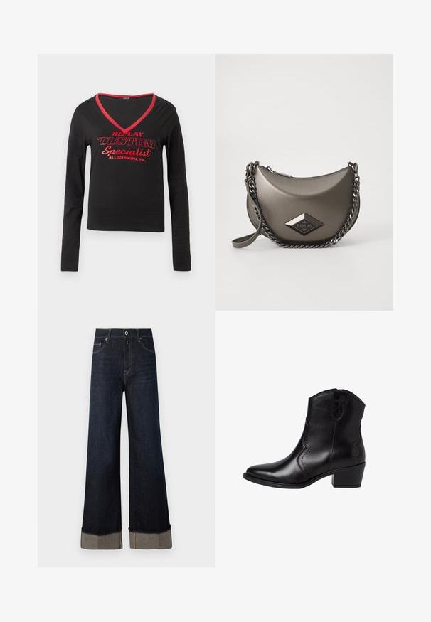 Camisa negra de mangas largas con cuello en V, ribete rojo en el cuello y texto impreso en negrita en rojo que dice "REPLAY CUSTOM Specialist Allentown, PA".; Pantalones vaqueros de pierna ancha de talle alto en azul oscuro con dobladillo sin terminar, con costuras en marrón claro y un dobladillo doblado que revela una tela contrastante.; Botas de cuero negro hasta el tobillo con punta afilada, costuras laterales curvadas y un tacón bajo y cuadrado. Cuentan con un cierre de cremallera y una textura suave.; Bolso cruzado en gris metálico con forma de media luna, que cuenta con una correa de cadena y un parche de logo en forma de diamante. Acabado suave y cierre de cremallera.