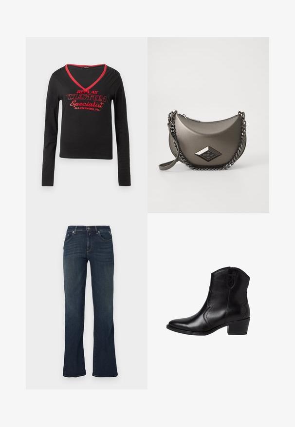 Juodas ilgomis rankovėmis marškinėliai su V formos dekoltė, raudonu apykaklės apvadu ir ryškiu raudonu užrašu "REPLAY CUSTOM Specialist Allentown, PA."; Tamsiai mėlynos džinsinės kelnės su platėjančio kojų dizainu, turinčios penkis kišenes ir kontrastingus siūlės ornamentus. Lygus paviršius ir standartinė juosmens linija.; Juodos odinės kulkšninių botai su smailiu pirštu, išlenktais šonais ir žemu, blokuotu kulnu. Yra užtrauktukas ir lygus paviršius.; Metaliniu pilku kryžmine rankine, pusmėnulio forma, turinti grandinėlės dirželį ir deimanto logotipo etikėtę. Lygus paviršius ir užtrauktuko uždarymas.