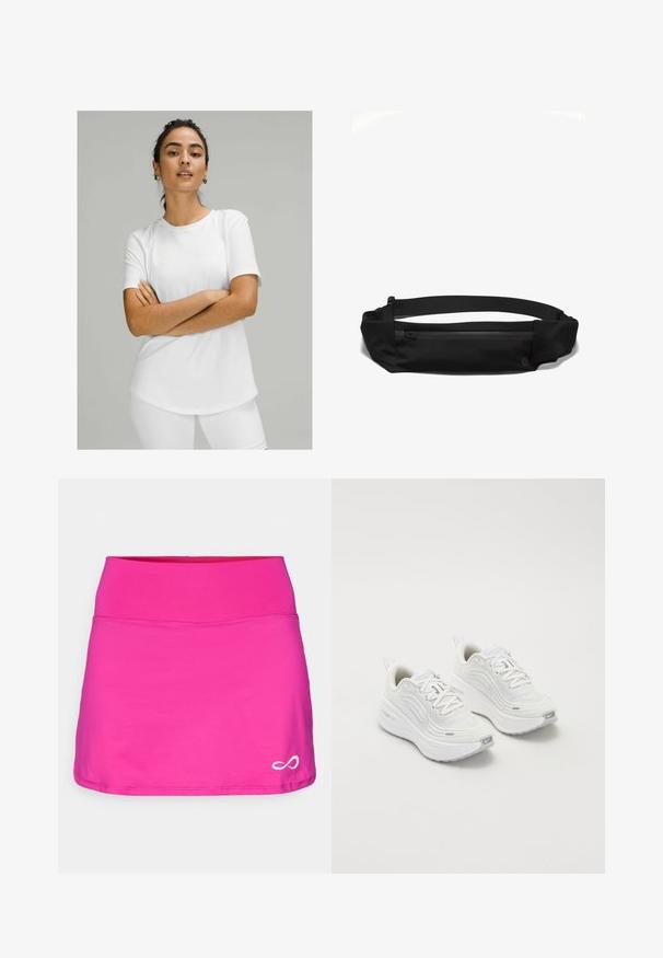 Witte korte mouwen t-shirt van soepele stof, met een ronde hals en een gebogen zoom. Draag met witte onderstukken.; Endless FALDA MINIMAL - Rokken - deep fucsia; Witte sportieve schoenen met een gestructureerde mesh bovenkant, een comfortabele zool en subtiele grijze accenten. Inclusief branding en een lus aan de hiel voor eenvoudig aan- en uittrekken.; Zwarte stoffen heuptas met een ritsvak, verstelbare band en gladde textuur, ontworpen voor comfort en gebruiksgemak.