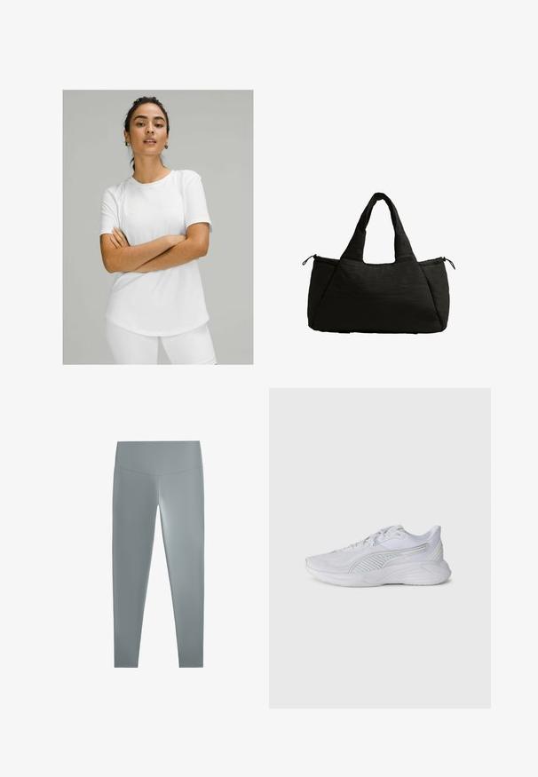 Witte korte mouwen t-shirt van soepele stof, met een ronde hals en een gebogen zoom. Draag met witte onderstukken.; Grijze leggings van een gladde, rekbare stof, met een hoge taille en een smalle pasvorm, ontworpen voor comfort en gemakkelijk bewegen.; Witte sportschoenen met een gestructureerde bovenkant, gestreepte accenten en een gevoerde zool. Beschikt over veters en een rond te ontwerp.; Zwarte draagtas met een puffy textuur, voorzien van twee korte handvatten en een zijvak dat met een trekkoord is afgesloten. Eenvoudig, hoekig ontwerp.