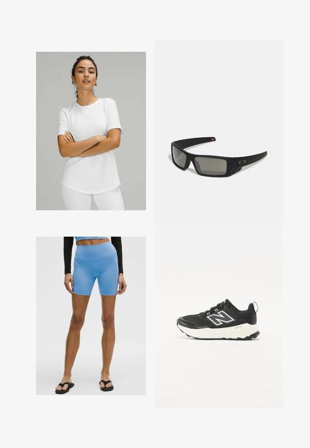 Fehér, rövid ujjú póló sima anyagból, kerek nyakkivágással és ívelt alsó résszel. Fehér alsóval viselve.; Világoskék sportnadrág sima, rugalmas anyagból. Magas derekú és testhezálló fazonnal rendelkezik, fekete strandpapuccsal párosítva.; Fekete sportcipők texturált szövet felsőrésszel, kontrasztos fehér középtalppal és feltűnő szürke logóval az oldalán. Gumi talp, amely tapadást biztosít.; Fekete napszemüveg matt felülettel, téglalap alakú lencsékkel, enyhe ívvel a templomokon, diszkrét logó részlettel és füstszínű lencsékkel.