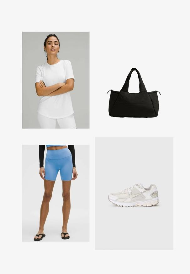 Biely tričko s krátkym rukávom vyrobené z hladkej tkaniny, s okrúhlym výstrihom a zakriveným spodným okrajom. Nosí sa s bielymi nohavicami.; Svetlomodré športové šortky vyrobené z hladkého, elastického materiálu. Majú vysoký pás a priliehavý strih, doplnené čiernymi žabkami.; Biele športové tenisky z sieťoviny a syntetických materiálov. Vyznačujú sa textúrovaným dizajnom, polstrovaným golierom a geometrickými akcentmi na päte.; Čierna taška cez rameno s nadýchavanou textúrou, vybavená dvojicou krátkych uch a bočnou vreckom zaisteným šnúrkou. Jednoduchý, uhlový dizajn.