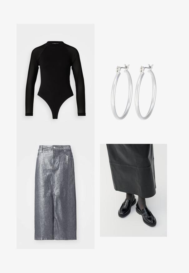 Črn bodi z dolgimi rokavi in visokim ovratnikom, ki ima trden material na trupu in prosojne mrežaste rokave, oblikovan v prilegajoči se silhueti.; Srebrna metalna denim krilna, do kolen, s strukturirano obliko, sprednjim zapiranjem na gumb in zanka za pas. Gladka tekstura z minimalističnim dizajnom.; Črne usnjene loafer čevlje s gladko površino, ki imajo dekorativno srajco, okroglo konico in teksturiran podplat. Nosi se z dolgim črnim usnjennim krilom.; Srebrni obroči za ušesa z gladko, polirano površino. Okrogla oblika in varna zaponka s klikom. Lahka zasnova, primerna za vsakodnevno nošenje.