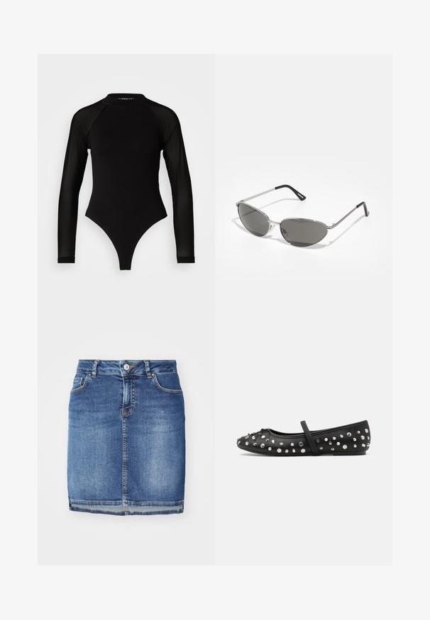 Juodas ilgomis rankovėmis bodis su aukštu kaklu, turintis tvirto audinio torso ir permatomų tinklinių rankovių, sukurtas prigludusio silueto.; Tamsiai mėlynas džinsinis sijonas, tiesaus kirpimo, su penkiais kišenėmis, diržo kilpomis ir sagos uždarymu. Palaipsniui siaurėjantis apdailos kraštas su kontrastinga siūle.; Juodas odinis baleto batelis, puošiamas sidabrinėmis studelėmis. Apima dirželį per pėdos vidurį ir apvalią noselę.; Akiniai nuo saulės su elegantišku sidabro metaliniu rėmu, pilkai tonuotais objektyvais ir aerodinaminiu dizainu, turinčiu smailius kampus ir plonus šonus.; Sidabriniai auskarai su sklandžiu, poliruotu paviršiumi. Apvalios formos ir saugus uždarymo mechanizmas. Lengvas dizainas, tinkantis kasdieniam dėvėjimui.