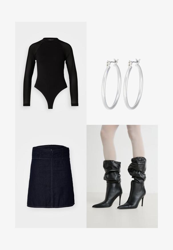 Musta pitkähihainen bodysuit, jossa on korkea kaula-aukko, kiinteä kangas vartalolla ja läpinäkyvät verkohihat, muotoiltu tiukaksi.; Tyllihameet tummansinisestä denimistä, jossa on kootut joustovyötärö, suora leikkaus ja kontrastiväriset ompeleet helman ja saumojen kohdalla.; Mustat nahkasaappaat nilkkapituisella, löysällä muotoilulla, teräväkärkisillä ja korkeilla stilettokoroilla, joissa on pehmeä, teksturoitu pinta varren ympärillä.; Hope-silver rengas, joissa on sileä ja kiillotettu pinta. Pyöreä muoto ja turvallinen napsautettava lukitus. Kevyt muotoilu sopii päivittäiseen käyttöön.