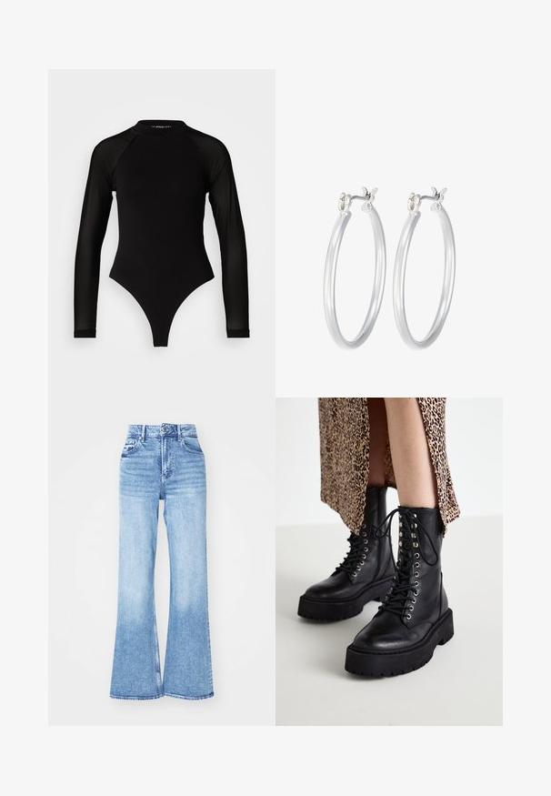 Sort langermet bodysuit med høj hals, fremstillet af solidt stof på torsoen og gennemsigtigt mesh på ærmerne, designet i en tætsiddende form.; Lysvasket denim flared jeans har et høj talje-design, en lynlås og lommer. Stoffet har en glat tekstur med let falming.; Sorte læder kampstøvler med tykke gummisåler, snørebånd foran og metaløjer. Struktureret læder og kontrasterende platformdesign.; Sølv hoop øreringe med en glat, poleret overflade. Rund form og sikker klik-lukning. Letvægtsdesign, der er velegnet til hverdagsbrug.