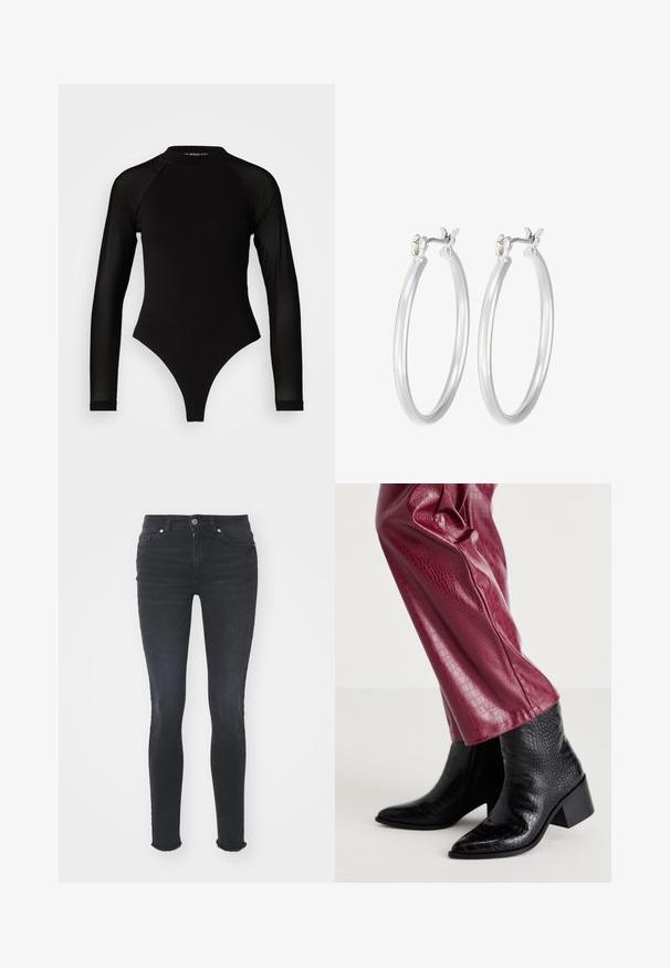 Crni bodi s dugim rukavima i visokim ovratnikom, s čvrstom tkaninom na trupu i prozirnim mrežastim rukavima, dizajniran u uskom kroju.; Crne traperice uskog kroja s srednjim strukom, pet džepova i ofrkanim rubom. Tkanina ima glatku teksturu s blagim rastezanjem.; Crne teksturirane kožne gležnjače s oštrim nožnim prstima i niskim blok petama, uparenim s uskim burgundskim hlačama od umjetne kože s uzorkom krokodila.; Srebrne kružne naušnice s glatkom, poliranom površinom. Okrugli oblik i sigurno kopčanje na klik. Lagani dizajn pogodan za svakodnevno nošenje.