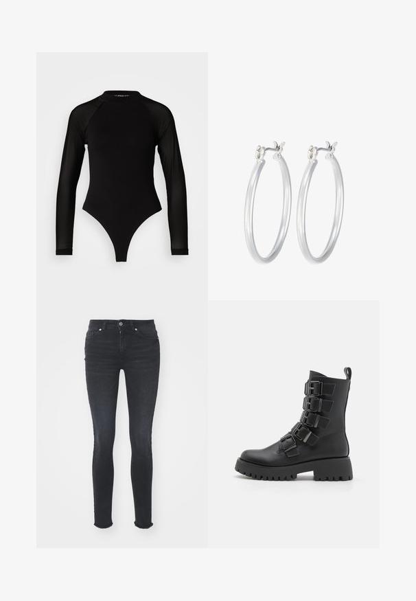 Black long-sleeve bodysuit with a high neck, featuring solid fabric on the torso and sheer mesh sleeves, designed in a fitted shape.; Black denim skinny jeans with a mid-rise waist, five pockets, and frayed hem. The fabric has a smooth texture with slight stretch.; Black ankle boots made of leather, featuring multiple metal buckles, a thick platform sole, and a pull tab at the back.; Silver hoop earrings with a smooth, polished finish. Round shape and secure click-top closure. Lightweight design suitable for everyday wear.