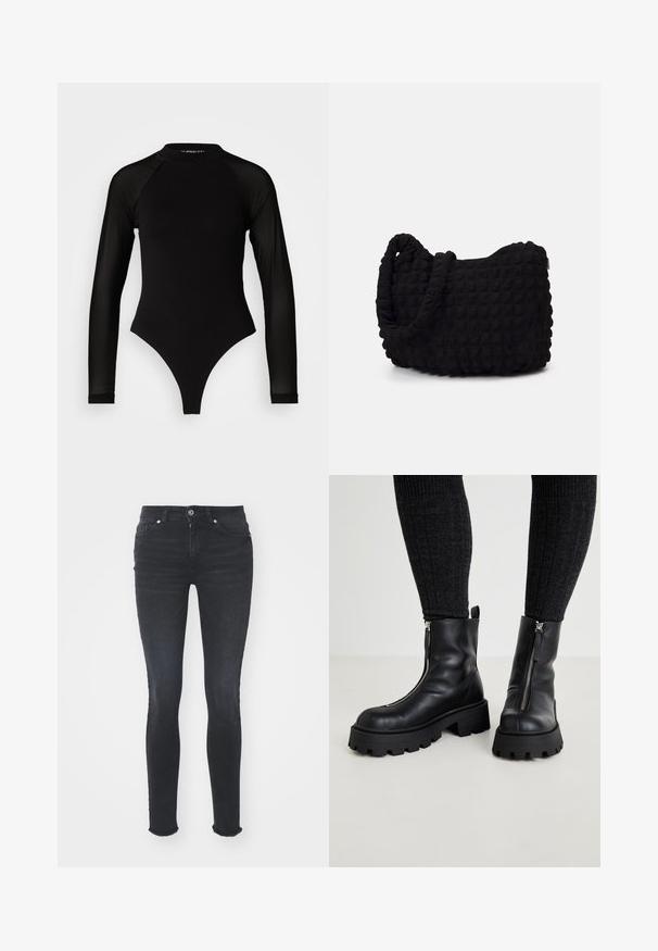 Melna garā piedurkne bodijs ar augstu apkakli, kurā ir blīvs audums uz ķermeņa un caurspīdīgas acs piedurknes, izstrādāts pieguļošā formā.; Melna denima pieguļošas džinsus ar vidēju jostas līmeni, piecām kabatām un frēzu apakšmalu. Audumam ir gluda tekstūra ar nelielu elastību.; ONLY SHOES ONLBANYU - Puszābaki ar platformu - black; Melnas auduma soma ar strukturētu, quiltotu rakstu. Apaļa forma, īsas, resnas rokturi un mīksta, elastīga konstrukcija.; Sudraba riņķveida auss gredzeni ar gludu, pulētu apdari. Apaļa forma un drošs klikšķa augšējais slēgums. Viegls dizains, kas piemērots ikdienas valkāšanai.