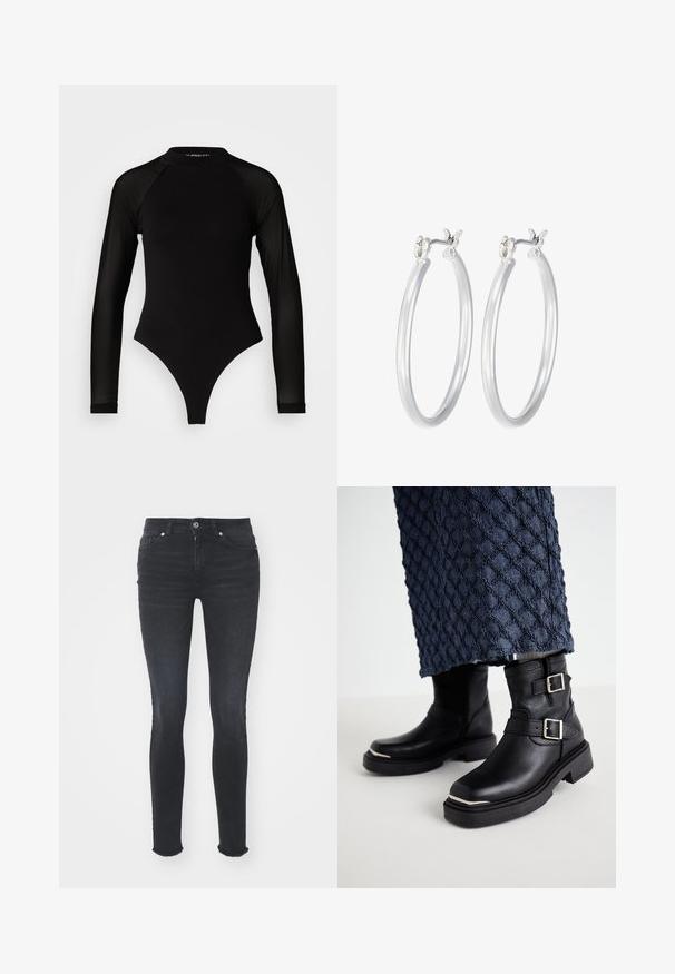 Melna garā piedurkne bodijs ar augstu apkakli, kurā ir blīvs audums uz ķermeņa un caurspīdīgas acs piedurknes, izstrādāts pieguļošā formā.; Melna denima pieguļošas džinsus ar vidēju jostas līmeni, piecām kabatām un frēzu apakšmalu. Audumam ir gluda tekstūra ar nelielu elastību.; Melnas ādas potītes zābakus ar divām sprādzēm, teksturētu apdari, kvadrātveida purngaliem un masīviem gumijas zābakiem. Izteiksmīgi sudraba akcenti.; Sudraba riņķveida auss gredzeni ar gludu, pulētu apdari. Apaļa forma un drošs klikšķa augšējais slēgums. Viegls dizains, kas piemērots ikdienas valkāšanai.