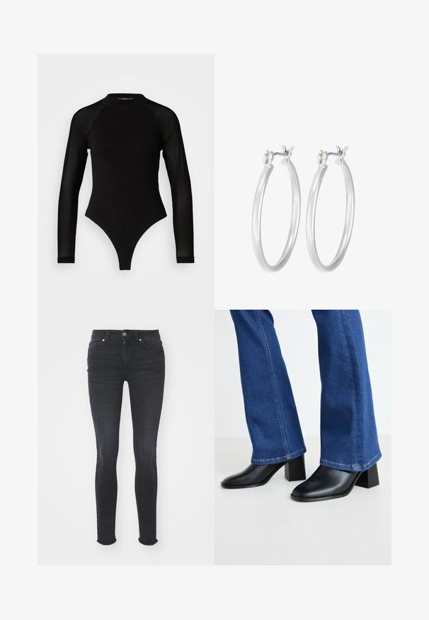 Crni bodi s dugim rukavima i visokim ovratnikom, s čvrstom tkaninom na trupu i prozirnim mrežastim rukavima, dizajniran u uskom kroju.; Crne traperice uskog kroja s srednjim strukom, pet džepova i ofrkanim rubom. Tkanina ima glatku teksturu s blagim rastezanjem.; Crne kožne čizme do gležnja sa square prstom i blok petom, uparenih s plavim trapericama s lepršavim nogavicama i kontrastnim šavovima na rubu.; Srebrne kružne naušnice s glatkom, poliranom površinom. Okrugli oblik i sigurno kopčanje na klik. Lagani dizajn pogodan za svakodnevno nošenje.