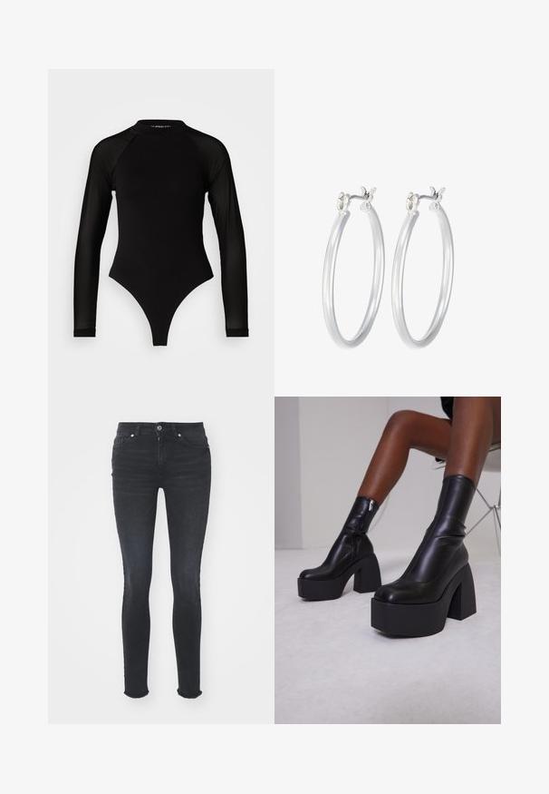 Černý body s dlouhým rukávem a vysokým límcem, s pevným materiálem na trupu a průhlednými síťovanými rukávy, navržený v přiléhavém střihu.; Černé skinny džíny z denimu s středně vysokým pasem, pěti kapsami a roztrženým lemem. Materiál má hladkou texturu s mírnou pružností.; Černé kožené kotníkové boty s tlustou, robustní platformou a blokovým podpatkem. Obsahují zipový uzávěr na zadní straně a hladký povrch.; Stříbrné kruhové náušnice s hladkým, lesklým povrchem. Kulatý tvar a bezpečné zapínání na klip. Lehký design vhodný pro každodenní nošení.