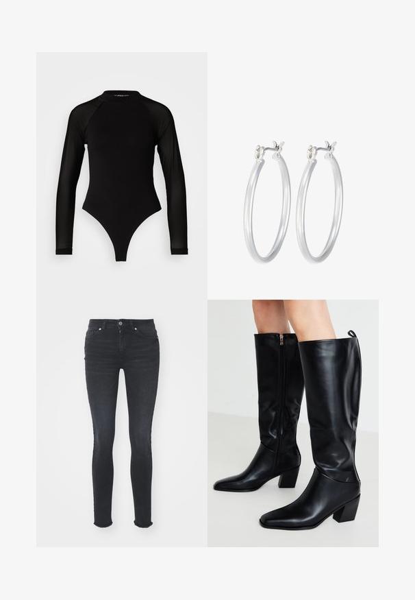 Juodas ilgomis rankovėmis bodis su aukštu kaklu, turintis tvirto audinio torso ir permatomų tinklinių rankovių, sukurtas prigludusio silueto.; Juodos džinsinės liesos kelnės su vidutinio aukščio liemeniu, penkiomis kišenėmis ir suplėšytu galiuku. Audinys turi lygų tekstūrą su nedideliu tamprumu.; Juodos odinės aulinės botai iki kelių su smailiu pirštu, storu kulnu ir šoniniu užtrauktuku; pasižymi lygiu paviršiumi ir minimalistiniu dizainu.; Sidabriniai auskarai su sklandžiu, poliruotu paviršiumi. Apvalios formos ir saugus uždarymo mechanizmas. Lengvas dizainas, tinkantis kasdieniam dėvėjimui.