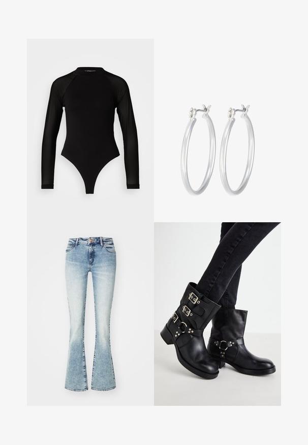 Mameluco negro de manga larga con cuello alto, que presenta tejido sólido en el torso y mangas de malla transparente, diseñado en una forma ajustada.; Wrangler BOOTCUT - Vaqueros bootcut - iceberg blue; Botas de tobillo de cuero negro con tres hebillas, punta redondeada y un bajo tacón cuadrado. El diseño presenta paneles lisos y texturizados.; Pendientes de aro de plata con un acabado liso y pulido. Forma redonda y cierre de click seguro. Diseño ligero adecuado para el uso diario.