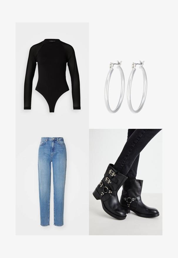 Mameluco negro de manga larga con cuello alto, que presenta tejido sólido en el torso y mangas de malla transparente, diseñado en una forma ajustada.; Jeans de cintura alta azul claro con pierna recta. Fabricados en denim, cuentan con cinco bolsillos y cierre de botón en la parte frontal. Textura suave.; Botas de tobillo de cuero negro con tres hebillas, punta redondeada y un bajo tacón cuadrado. El diseño presenta paneles lisos y texturizados.; Pendientes de aro de plata con un acabado liso y pulido. Forma redonda y cierre de click seguro. Diseño ligero adecuado para el uso diario.
