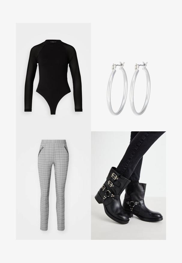 Čierny dlhý rukáv body s vysokým golierom, s pevným látkovým trupom a priehľadnými sieťovinovými rukávmi, navrhnuté v priliehavom strihu.; Sivé kockované nohavice s úzkym strihom, s vysokým pásom a bočnými vreckami na zips. Materiál má hladkú textúru a podrobný vzor.; Čierne kožené členkové čižmy so tromi prackami, zaoblenou špičkou a nízkym blokovým podpätkom. Dizajn obsahuje hladké a textúrované panely.; Strieborné kruhové náušnice s hladkým, lesklým povrchom. Kolový tvar a bezpečné klikanie na uzatváranie. Ľahký dizajn vhodný na každodenné nosenie.