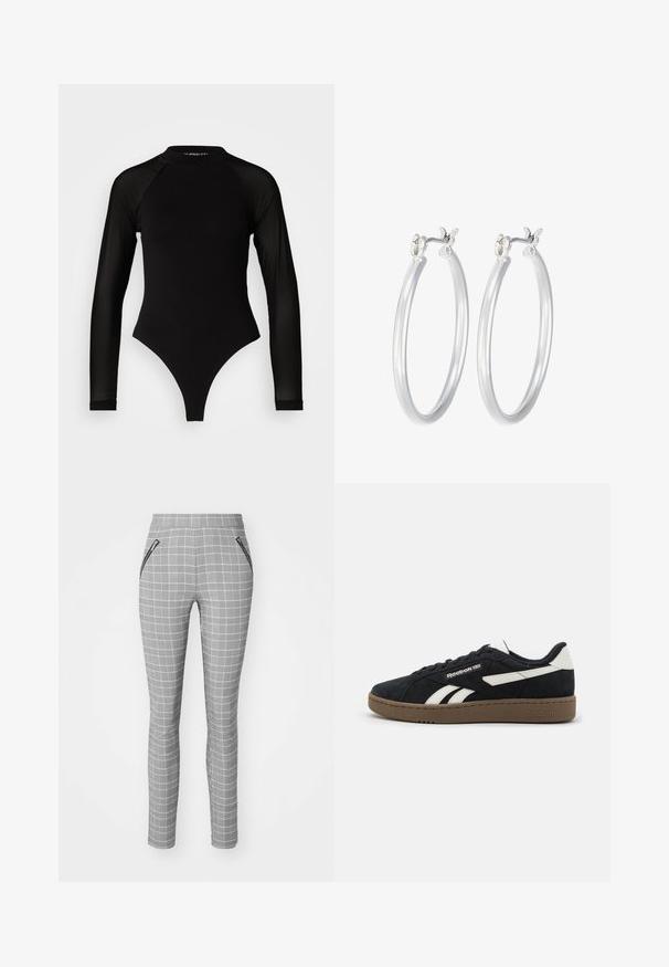 Must muströmpa mustristik pikkannukkide mustri kõrgetting toori jalgade kinnitanud, mulit  haufri. Pakk keskosa ülemine vilip. ; Hallide ruudulised püksid, millel on kitsas lõige, kõrge talje ja lukuga küljetaskud. Kanga pind on sile ja mustriline.; Must mustnahk kingad valgete aktsentidega, lamedate nööridega ja pruuni kummitald. Küljel on logo ja tekstuuriga ülemine osa, mis tagab haarde.; Hõbedased rõngaskõrvarõngad, millel on sile, läikiv viimistlus. Ümmargune kuju ja turvaline klõpsulatus. Kerge disain, sobib igapäevaseks kandmiseks.