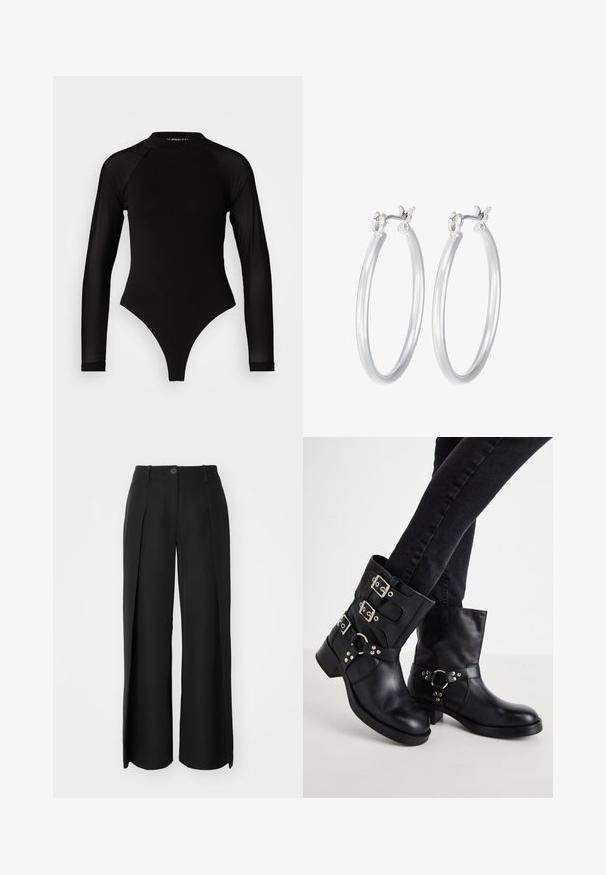 Svart långärmad bodysuit med hög hals, med heltäckande tyg på torso och genomskinliga meshärmar, designad i en figurnära form.; Svarta vida byxor i slätt tyg med framfållningar, en enda knappstängning och bältesöglor.; Svarta läderankelstövlar med tre spännen, rund tå och en låg klack. Designen har släta och texturerade paneler.; Silverfärgade hoopörhängen med en slät, polerad yta. Rund form och säker klickstängning. Lättviktig design som passar för vardagligt bruk.