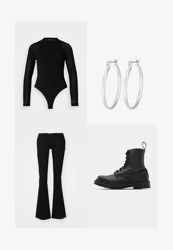 Juodas ilgomis rankovėmis bodis su aukštu kaklu, turintis tvirto audinio torso ir permatomų tinklinių rankovių, sukurtas prigludusio silueto.; Juodos plačios džinsinės kelnės su užtrauktuku, penkiomis kišenėmis ir prigludusia juosmens linija, kuri tęsiasi iki plačių kraštų ties kulkšnimi.; Juodas odinis kovinis botas su apvalioms pirštams, šnerviniu priekiniu užsegimu ir užtraukiamu užtrauktuku prie kulkšnies. Ypatybė - storas guminis padas, užtikrinantis ilgaamžiškumą.; Sidabriniai auskarai su sklandžiu, poliruotu paviršiumi. Apvalios formos ir saugus uždarymo mechanizmas. Lengvas dizainas, tinkantis kasdieniam dėvėjimui.