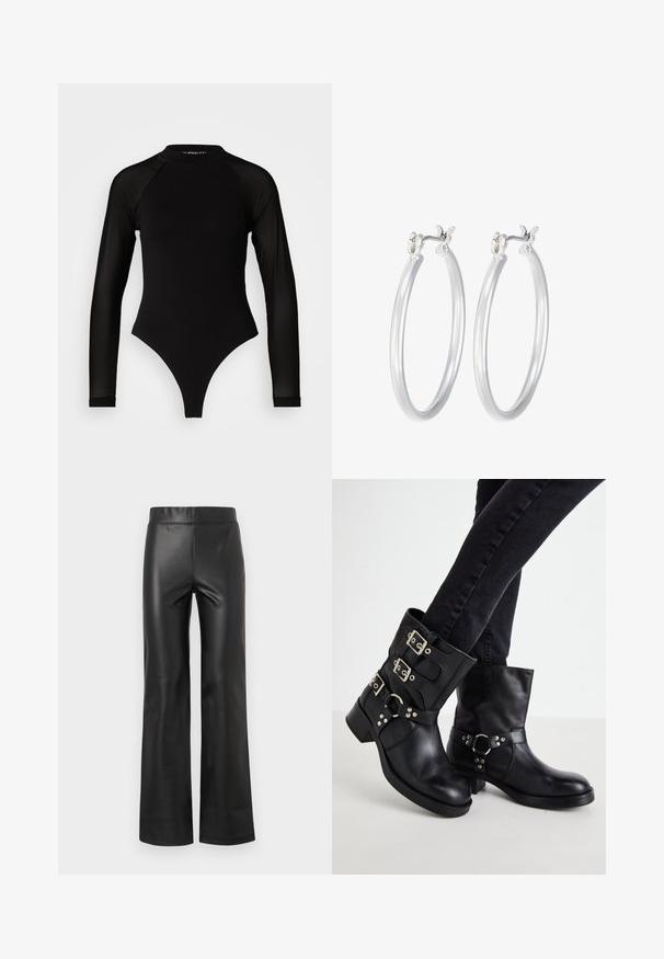 Bodysuit noir à manches longues avec col haut, doté d'un tissu solide sur le torse et de manches en maille transparente, conçu dans une coupe ajustée.; Pantalon évasé en faux cuir noir avec une texture lisse, une taille haute et sans matériel ou embellissements visibles. Design de jambe droite.; Bottines en cuir noir avec trois accents de boucle, bout arrondi et un petit talon carré. Le design présente des panneaux lisses et texturés.; Boucles d'oreilles en argent avec une finition lisse et polie. Forme ronde et fermeture à clip sécurisée. Design léger adapté pour un port quotidien.