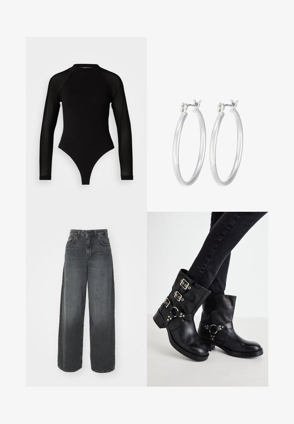 Musta pitkähihainen bodysuit, jossa on korkea kaula-aukko, kiinteä kangas vartalolla ja läpinäkyvät verkohihat, muotoiltu tiukaksi.; LTB OLYA - Relaxed fit -farkut - soline wash; Mustat nahkaiset nilkkurit, joissa on kolme solkiyksityiskohtaa, pyöreä kärki ja matala lohkokorko. Suunnittelussa on sileitä ja teksturoidun näköisiä paneeleita.; Hope-silver rengas, joissa on sileä ja kiillotettu pinta. Pyöreä muoto ja turvallinen napsautettava lukitus. Kevyt muotoilu sopii päivittäiseen käyttöön.