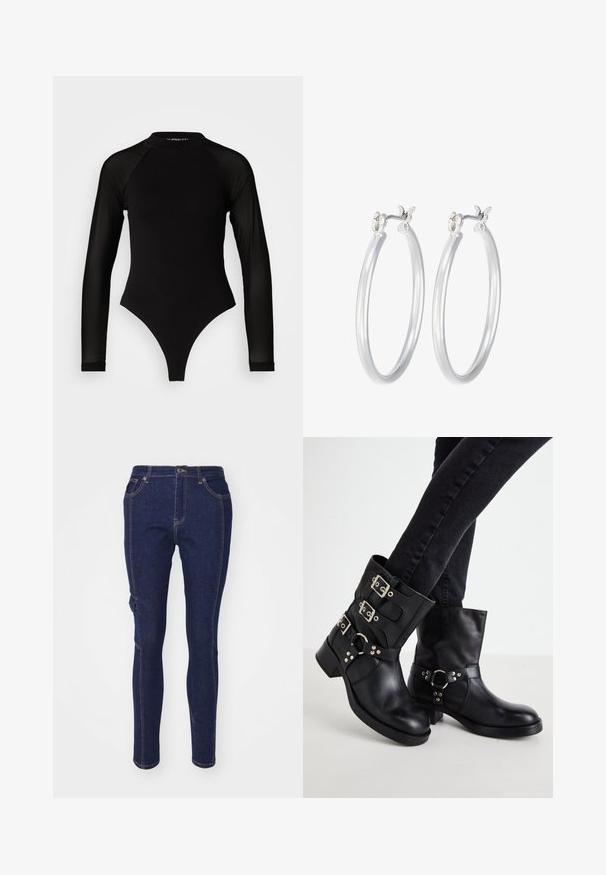 Musta pitkähihainen bodysuit, jossa on korkea kaula-aukko, kiinteä kangas vartalolla ja läpinäkyvät verkohihat, muotoiltu tiukaksi.; Tummansinisiä farkkuhousuja, joissa on slim fit -leikkaus, perinteinen viiden taskun malli ja kontrastiväriset oranssit langat. Ei huomattavia kuvioita tai yksityiskohtia.; Mustat nahkaiset nilkkurit, joissa on kolme solkiyksityiskohtaa, pyöreä kärki ja matala lohkokorko. Suunnittelussa on sileitä ja teksturoidun näköisiä paneeleita.; Hope-silver rengas, joissa on sileä ja kiillotettu pinta. Pyöreä muoto ja turvallinen napsautettava lukitus. Kevyt muotoilu sopii päivittäiseen käyttöön.