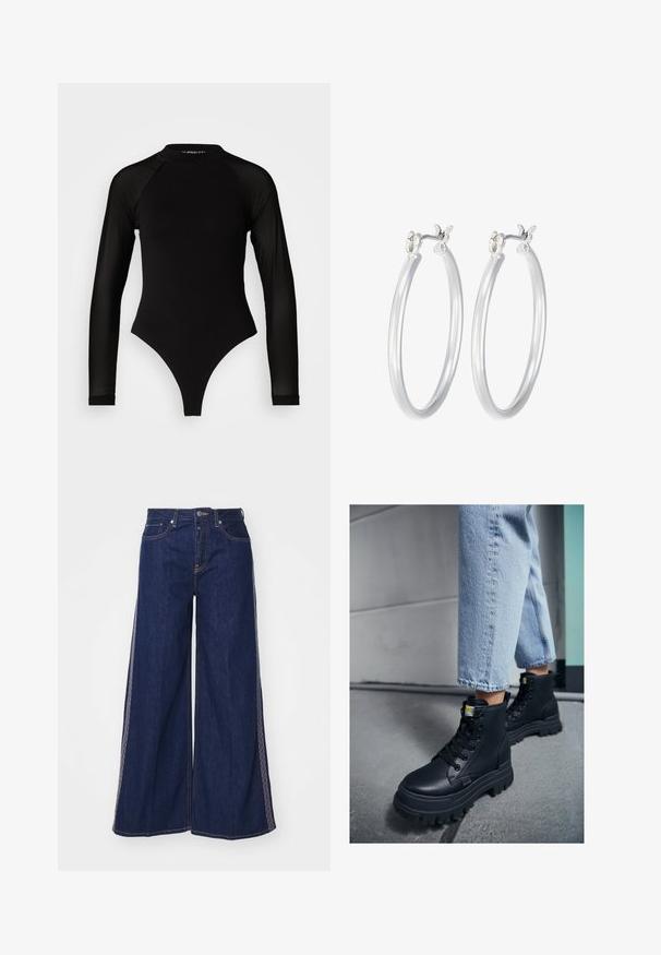 Črn bodi z dolgimi rokavi in visokim ovratnikom, ki ima trden material na trupu in prosojne mrežaste rokave, oblikovan v prilegajoči se silhueti.; Modre hlače širokih nogavic iz denima, z kontrastnim šivom in visokim pasom. Tkanina je trdna z gladko teksturo.; Črne visoke čevlje iz usnja z teksturiranim zaključkom, debele gumijaste podplate in črne vezalke, v kombinaciji s svetlo modrimi denimo hlačami s podvrti.; Srebrni obroči za ušesa z gladko, polirano površino. Okrogla oblika in varna zaponka s klikom. Lahka zasnova, primerna za vsakodnevno nošenje.