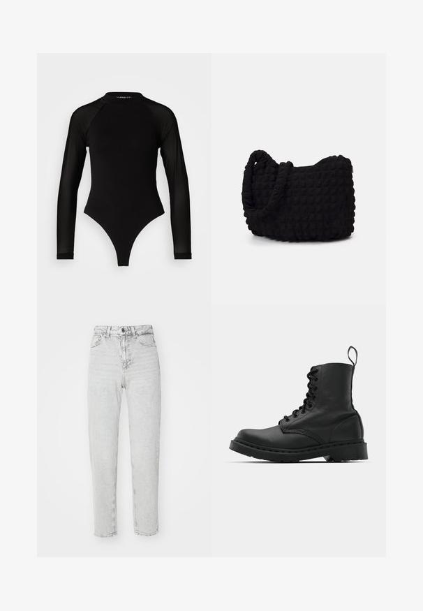 Melna garā piedurkne bodijs ar augstu apkakli, kurā ir blīvs audums uz ķermeņa un caurspīdīgas acs piedurknes, izstrādāts pieguļošā formā.; Augstas vidukļa taisnas kājas džinsi gaiši pelēkā denima, ar pogu un rāvējslēdzēju, piecām kabatām un izbalējušu audumu.; Melnas ādas kaujas zābaki ar apaļu purngalu, auklām priekšā un cilpu potītes daļā. Iespējojums ir biezs gumijas zolei, kas nodrošina izturību.; Melnas auduma soma ar strukturētu, quiltotu rakstu. Apaļa forma, īsas, resnas rokturi un mīksta, elastīga konstrukcija.