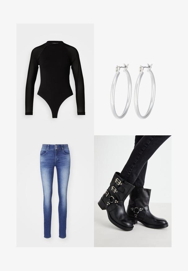 Juodas ilgomis rankovėmis bodis su aukštu kaklu, turintis tvirto audinio torso ir permatomų tinklinių rankovių, sukurtas prigludusio silueto.; Lieknos džinsai tamsiai mėlynos denimo spalvos su išblukimu. Yra dvi priekinės kišenės, aukštas juosmuo ir dviguba mygtuko uždarymo sistema.; Juodos odinės kulkšninės botai su trimis užsegimais, apvalia nosimi ir žemu bloku padais. Dizainas apima lygius ir tekstūrinius panelius.; Sidabriniai auskarai su sklandžiu, poliruotu paviršiumi. Apvalios formos ir saugus uždarymo mechanizmas. Lengvas dizainas, tinkantis kasdieniam dėvėjimui.