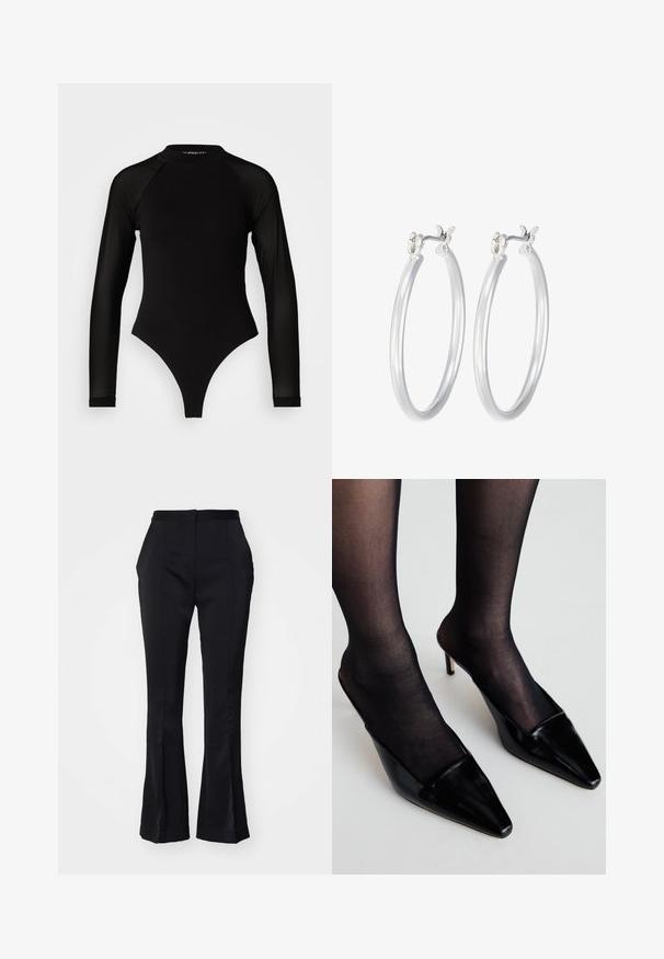 Mameluco negro de manga larga con cuello alto, que presenta tejido sólido en el torso y mangas de malla transparente, diseñado en una forma ajustada.; Pantalones de talle alto ajustados negros con textura suave y perneras acampanadas. Presenta bolsillos laterales y un diseño limpio y pulido.; Mules de charol negro con punta afilada y un diseño bajo. Presentan un tacón delgado y se combinan con medias negras transparentes.; Pendientes de aro de plata con un acabado liso y pulido. Forma redonda y cierre de click seguro. Diseño ligero adecuado para el uso diario.