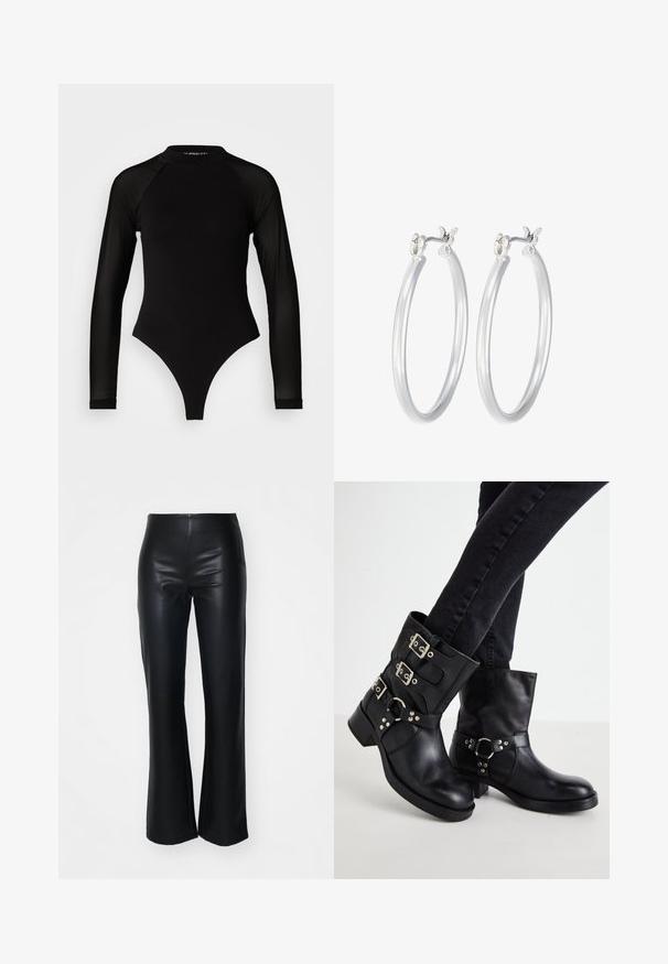 Schwarzer Langarm-Body mit hohem Kragen, bestehend aus festem Stoff im Torso und transparenten Netzärmel, entworfen in einer körperbetonten Form.; Schwarze Kunstleder-Hose mit Schlag und glatter Textur, mit einem taillierten Bund und leicht ausgestellten Beinen, entworfen für eine elegante Silhouette.; Schwarze Leder-Stiefeletten mit drei Schnallenakzenten, abgerundetem Zehenbereich und niedrigen Blockabsätzen. Das Design weist glatte und strukturierte Einsätze auf.; Silberne Creolen mit einer glatten, polierten Oberfläche. Runder Form und sicherem Klickverschluss. Leichtes Design, geeignet für den täglichen Gebrauch.