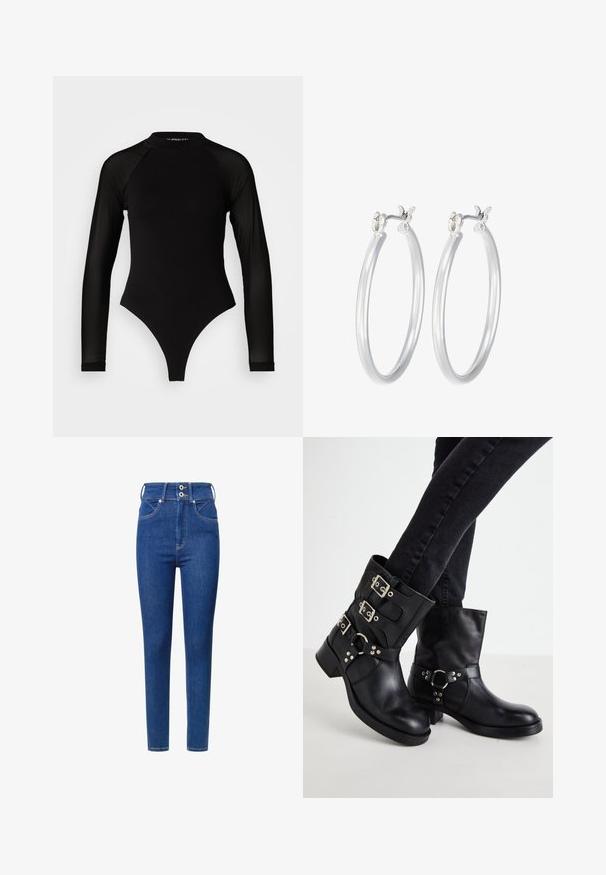 Melna garā piedurkne bodijs ar augstu apkakli, kurā ir blīvs audums uz ķermeņa un caurspīdīgas acs piedurknes, izstrādāts pieguļošā formā.; Augstās jostasvietas zilu džinsu bikses ar šauru piegriezumu, ar divām pogām pie jostas, priekšējām kabatām un kontrastējošiem dūrieniem.; Melnas ādas potītēm paredzētas zābaki ar trim sprādzes akcentiem, noapaļota purngala un zemu blokveida papēdi. Dizainā ir iekļauti gan gludi, gan teksturēti paneļi.; Sudraba riņķveida auss gredzeni ar gludu, pulētu apdari. Apaļa forma un drošs klikšķa augšējais slēgums. Viegls dizains, kas piemērots ikdienas valkāšanai.