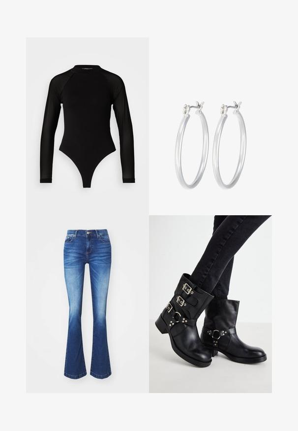 Bodysuit noir à manches longues avec col haut, doté d'un tissu solide sur le torse et de manches en maille transparente, conçu dans une coupe ajustée.; Jean en denim bleu évasé avec un dégradé allant du clair au foncé. Comprend des poches avant, une fermeture éclair et un bouton métallique.; Bottines en cuir noir avec trois accents de boucle, bout arrondi et un petit talon carré. Le design présente des panneaux lisses et texturés.; Boucles d'oreilles en argent avec une finition lisse et polie. Forme ronde et fermeture à clip sécurisée. Design léger adapté pour un port quotidien.