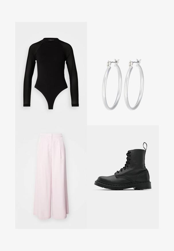 Crni bodi s dugim rukavima i visokim ovratnikom, s čvrstom tkaninom na trupu i prozirnim mrežastim rukavima, dizajniran u uskom kroju.; Svijetloružičaste hlače širokih nogavica s visokim pojasom, koje imaju prednje nabore i glatki pamuk. Nema vidljivih džepova niti ukrasa.; Crne kožne vojničke čizme s okruglim vrhom, vezicama sprijeda i petljom na gležnju. Imaju gusti gumeni potplat za izdržljivost.; Srebrne kružne naušnice s glatkom, poliranom površinom. Okrugli oblik i sigurno kopčanje na klik. Lagani dizajn pogodan za svakodnevno nošenje.