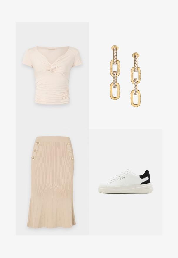 Šviesiai smėlinis trumpas rankovėmis viršus su V formos iškirpte ir suktuku priekyje, pasižymintis surinkta tekstūra šoninėse dalyse, suteikiančia prigludusią išvaizdą.; Šviesiai ruda megzta pieštuko sijonas su vertikaliais rašteliais, turintis išplatintą kraštą ir auksines logotipu pažymėtas sagas šone, prie žavesio papildyti.; Baltos odinės sportbačiai su storu baltu padu, juodu nubuko kulno akcentu ir iškilmingu logotipu šone. Su raišteliais, turinčiais šešis akinius.; Auksinės grandinėlės auskarai su aiškiais kristalais, puošiančiais dizainą, su įspaustu „GUESS“ ženklu ir lygiu paviršiumi.