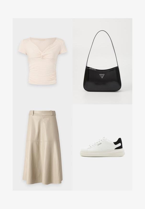Světle béžový top s krátkým rukávem a výstřihem do V, s twist detailem na přední straně, který má na bocích nařasenou strukturu pro přiléhavý design.; Bežová kožená midi sukně s hladkým povrchem, širokým pasem a rozšířeným spodním lemem; má prošívané švy pro přidaný detail.; Bílé kožené tenisky s tlustou bílou podrážkou, černým semišovým akcentem na patě a vyraženým logem na boku. Šněrovací design se šesti očka.; Černá lakovaná kůže na ramenní tašce s prohnutým tvarem, vyznačující se stříbrným trojúhelníkovým logem a zipovým uzavřením. Hladký povrch a úzký popruh.