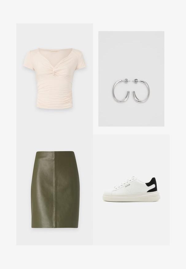 Svetlo béžový top s krátkym rukávom a výstrihom do V, s detailom twist vpredu, pričom po stranách má nahrnutú textúru pre priliehavý dizajn.; Olivovo zelená kožená mini sukňa s hladkou textúrou, ktorá sa vyznačuje jednoduchým dizajnom a stredovým švom prechádzajúcim pozdĺž zadnej strany.; Biele kožené tenisky s hrubou bielou podrážkou, čiernym zamekom na päte a vyrazeným logom na boku. Šnurovací dizajn so šiestimi očkami.; Strieborné kruhové náušnice s hladkým a lesklým povrchom. Okrúhly tvar, ľahký dizajn, s uzáverom na kolík.