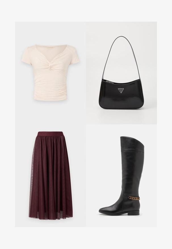 Gai bēšs īso piedurkņu tops ar V-veida kakla izgriezumu un pagriešanas detaļu priekšpusē, kas satur savelkamu tekstūru gar sāniem, nodrošinot pieguļošu dizainu.; Tumši burgundijas krāsas midi tulle svārki ar plašu elastīgu jostu un garām dekoratīvām sānu lentēm.; Augstas melnas ādas zābaki ar plūstošu dizainu, pointētām purngalēm un zelta ķēdes akcentu ap potīti. Zems bloku papēdis. Gluda tekstūra.; Melna lakota ādas plecu soma ar izliekta formu, kurai ir sudraba trīsstūra logs un rāvējslēdzēja aizdare. Gluda tekstūra un šaurs siksna.