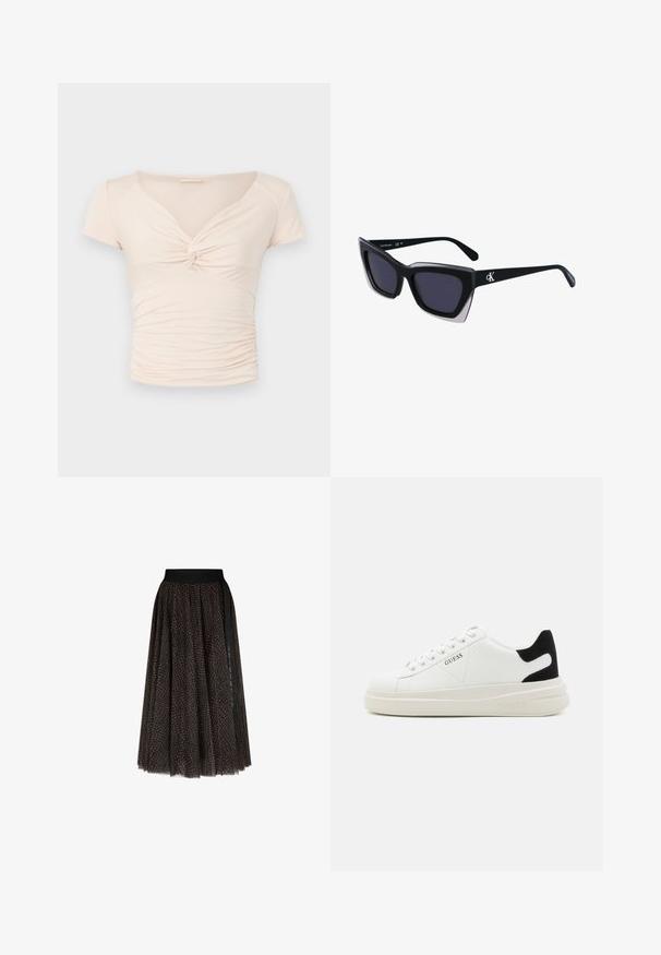 Vaalean beige lyhythihainen toppi, jossa on V-mallinen kaula-aukko ja kierretyt yksityiskohdat edessä. Sivut ovat rypytettyjä, mikä luo istuvan muotoilun.; Midi-hame, jossa on ruskea ja musta kuviointi, musta elastinen vyötärö ja pystysuora musta raitapitsiyksityiskohta toisella sivulla.; Valkoiset nahkakengät paksulla valkoisella pohjalla, mustalla mokkanahkaosuudella kannassa ja kohokuvioitu logo sivulla. Nauhakeskitys kuudella reiällä.; Mustat ylisuuret aurinkolasit, joissa on geometrinen muoto, tummat linssit ja kehykseen erottuva harmaa yksityiskohta. Logo varressa.
