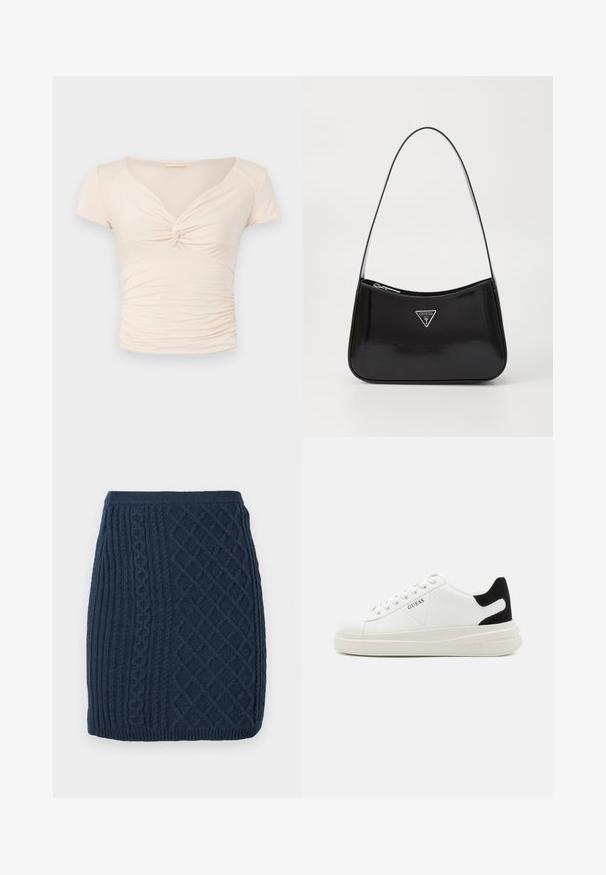 Top corto de manga corta en beige claro con escote en V y detalle retorcido en la parte delantera, que presenta textura fruncida a lo largo de los lados para un diseño ajustado.; Falda mini de punto en azul marino con patrones acanalados y trenzados, que presenta un acabado texturizado y una cintura ajustada.; Zapatillas blancas de cuero con una suela blanca gruesa, acento en el talón de ante negro y logo grabado en el lateral. Diseño de cordones con seis ojales.; Bolso de hombro de charol negro con forma curva, que presenta un logotipo triangular plateado y un cierre de cremallera. Textura suave y correa delgada.