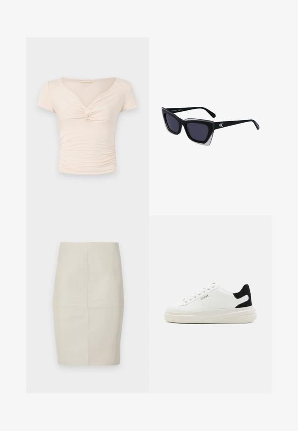 Top corto a maniche corte beige chiaro con scollatura a V e dettaglio intrecciato sul fronte, caratterizzato da una texture arricciata lungo i lati per un design aderente.; Gonna a matita in pelle beige chiaro con cuciture verticali, forma strutturata e superficie liscia, caratterizzata da una vita di altezza media e senza hardware visibile.; Sneaker bianchi in pelle con suola spessa bianca, accento in suede nero sul tallone e logo impresso sul lato. Design con lacci e sei fori per i lacci.; Occhiali da sole oversize neri dalla forma geometrica, con lenti scure e un dettaglio grigio a contrasto sulla montatura. Logo sul braccio.